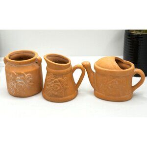 Set Of 3 Terracotta Miniature Floral Embossed Planters & Watering Can